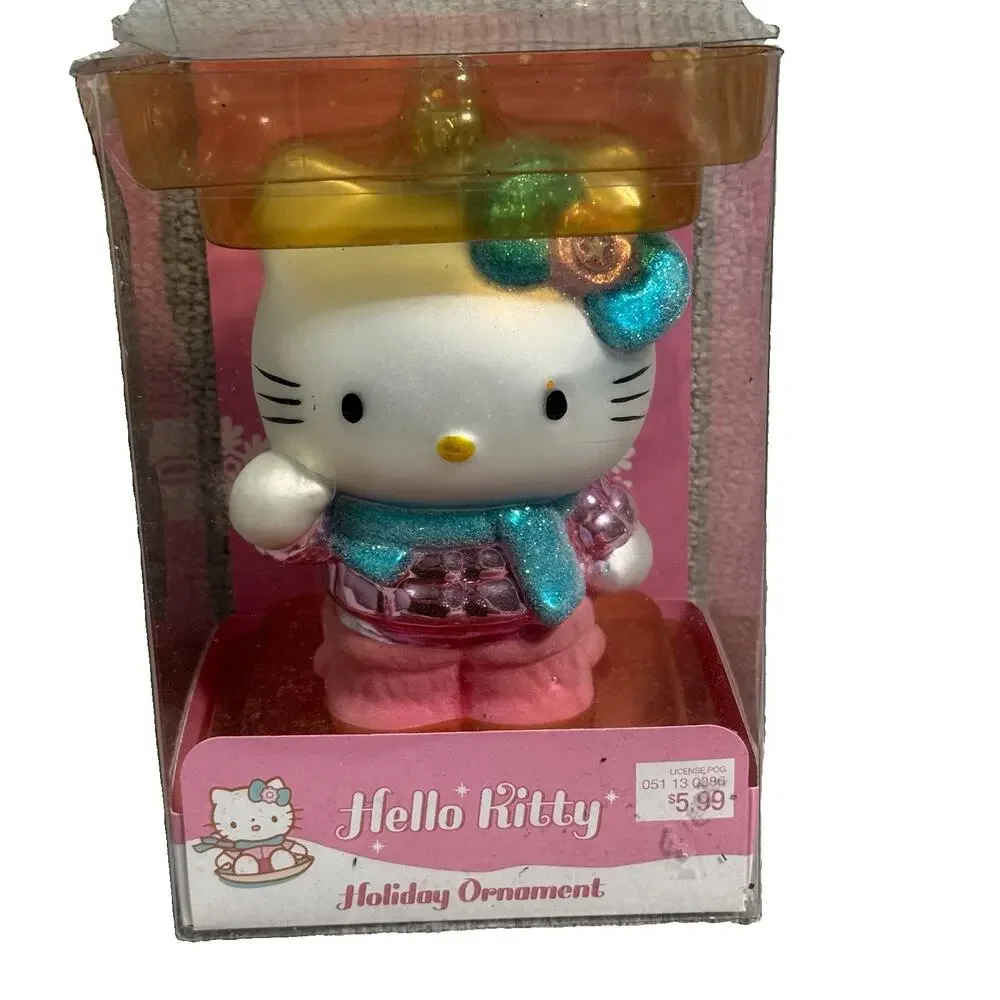 Sanrio Hello Kitty Glass Christmas Ornament Blue Bow Scarf 2008 Girly Girl